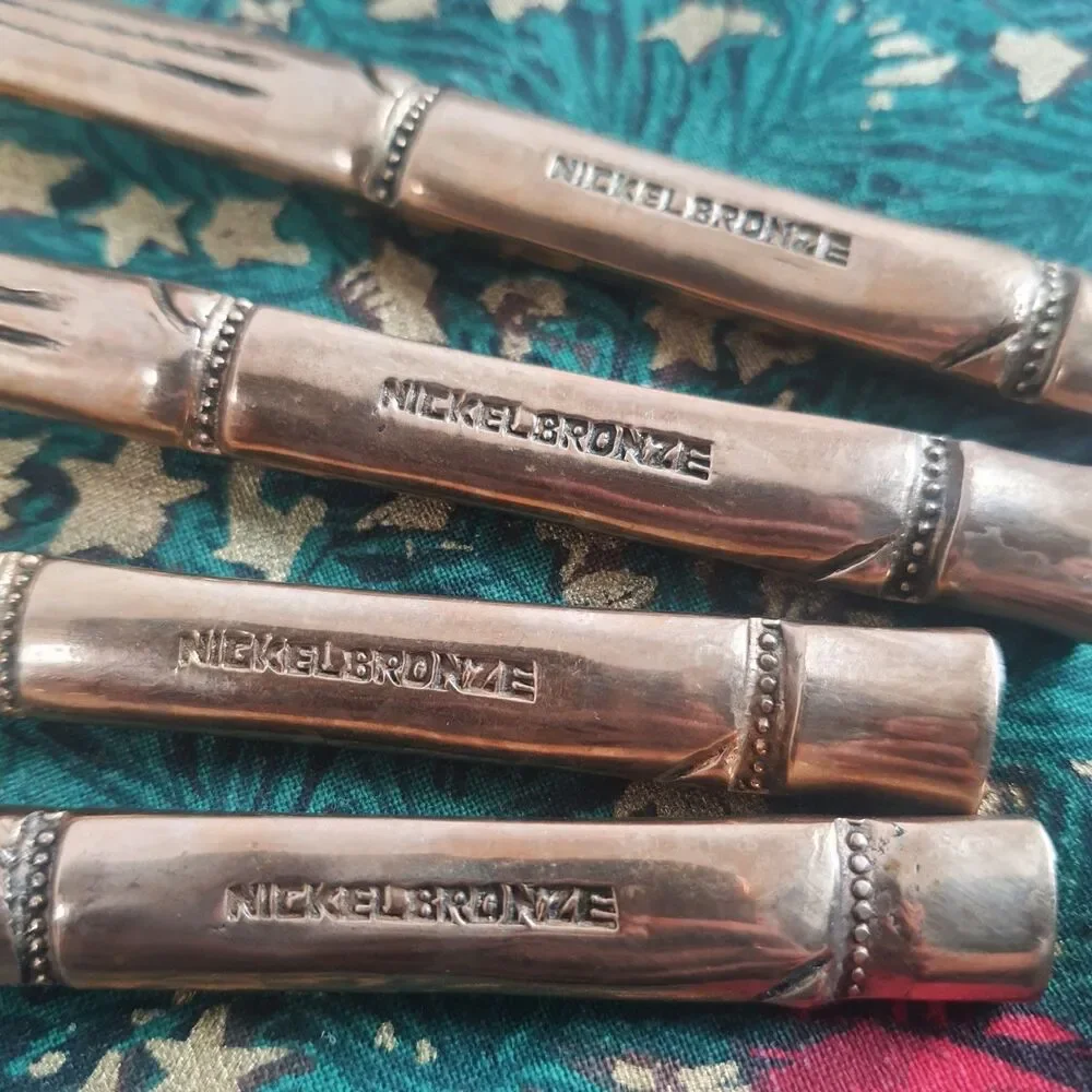 VTG 70’s Lot Of 4 Nickel Bronze Serving Spoon Carving Fork Faux Bamboo Serveware